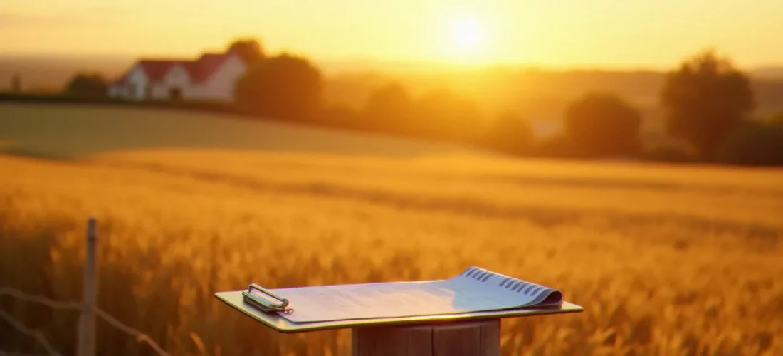 Paysage agricole français avec documents réglementaires au premier plan, illustrant les enjeux de la loi Duplomb pour la gestion des exploitations
