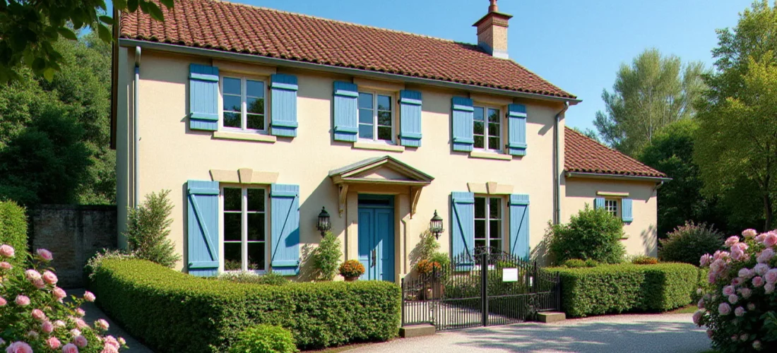Façade d'une maison à vendre en pierre calcaire