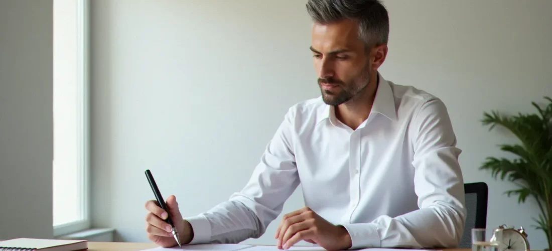 Consultant en gestion du temps assis à son bureau épuré, révisant un agenda papier structuré pour une meilleure gestion du temps au quotidien.