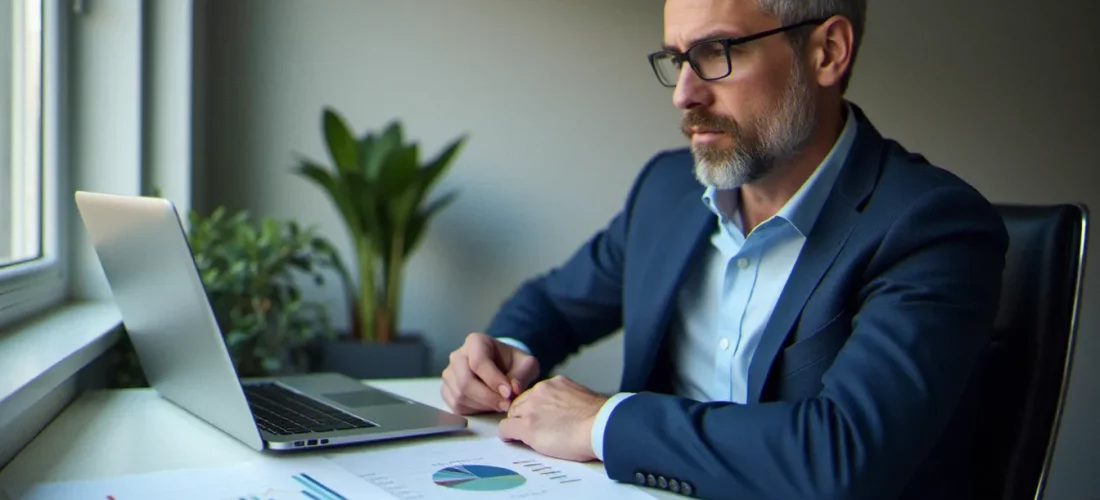 Consultant en gestion pilotée analysant des graphiques de performance d'assurance vie sur un bureau épuré, illustrant la meilleure gestion pilotée assurance vie