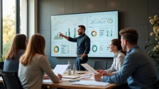 Consultant présentant une meilleure gestion pilotée via des indicateurs clés sur écran mural à une équipe en réunion