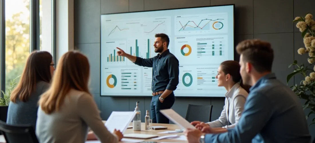 Consultant présentant une meilleure gestion pilotée via des indicateurs clés sur écran mural à une équipe en réunion
