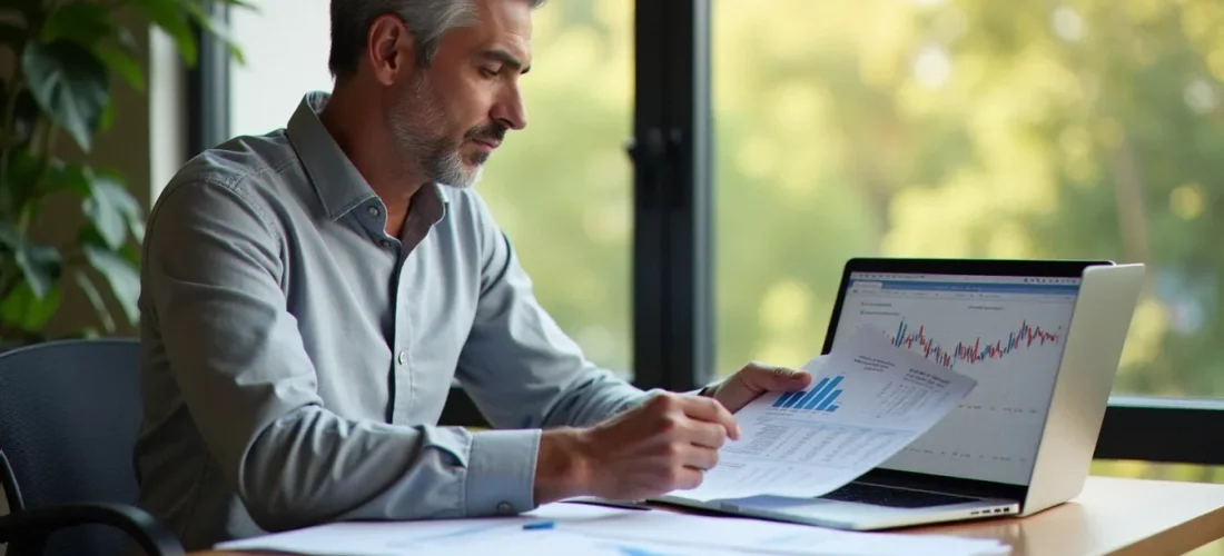 Consultant patrimonial analysant des graphiques de performance pour choisir la meilleure gestion pilotée PEA, dans un bureau lumineux