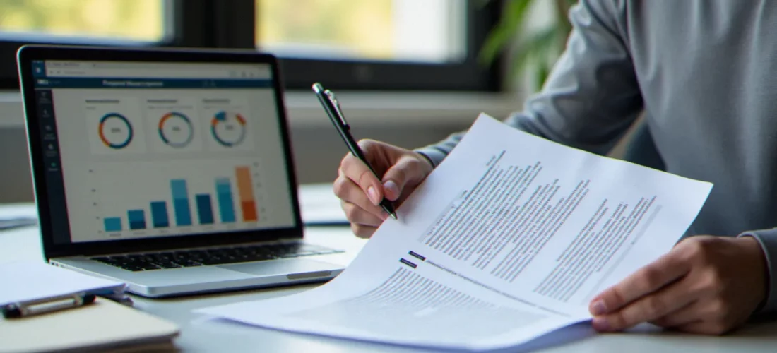 Consultant en gestion examinant un contrat de mandat dans un bureau professionnel, illustration de la meilleure gestion sous mandat