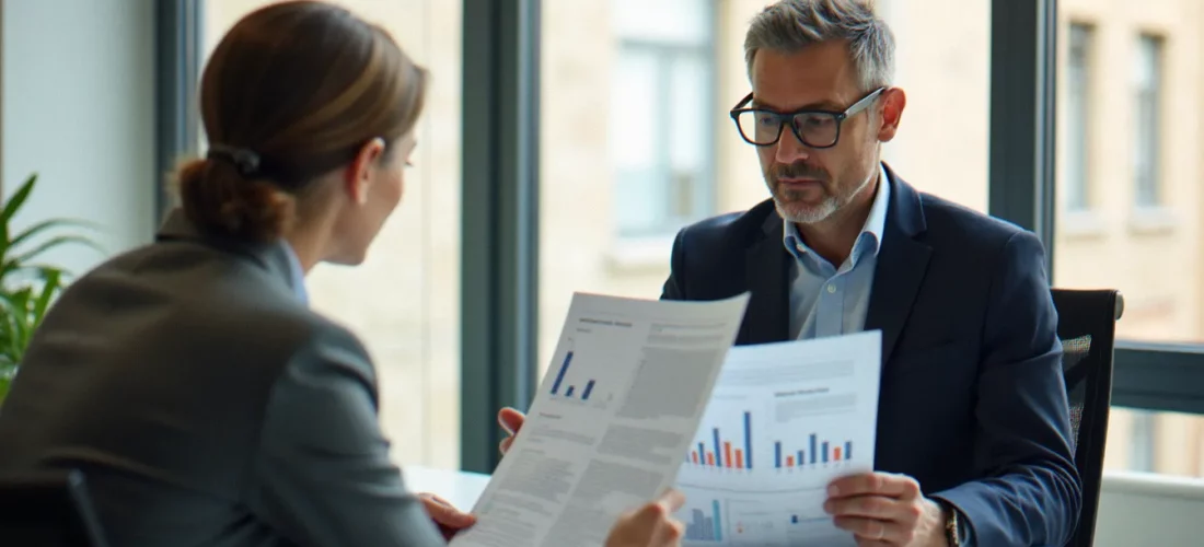 Conseiller en gestion de patrimoine examinant des documents financiers avec un client, illustration d'un rendez-vous de meilleurtaux gestion de patrimoine