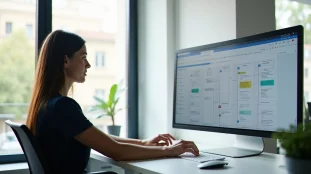 Consultant en gestion examinant un tableau de bord de logiciel de gestion sur un écran d'ordinateur dans un bureau moderne éclairé à la lumière naturelle, illustrant ce qu'un outil de gestion peut accomplir