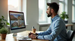 Consultant immobilier analysant des annonces ouest france immo sur un écran d'ordinateur dans un bureau lumineux et organisé