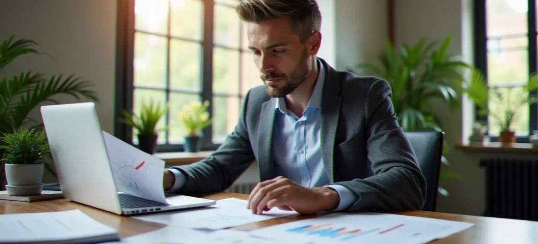 Consultant en gestion de patrimoine analysant un bilan patrimonial structuré dans un bureau professionnel ensoleillé, illustrant pourquoi la gestion de patrimoine est essentielle