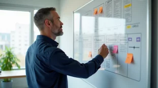 Consultant en gestion de projet devant un tableau blanc avec un planning structuré illustrant pourquoi la gestion de projet est essentielle