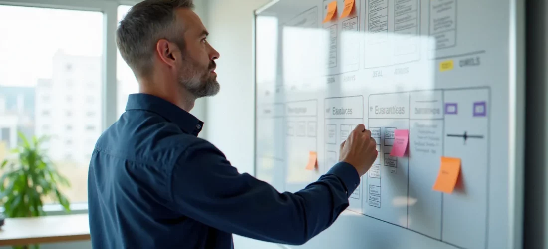Consultant en gestion de projet devant un tableau blanc avec un planning structuré illustrant pourquoi la gestion de projet est essentielle