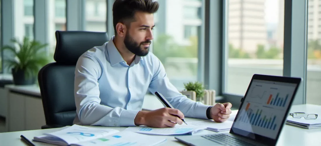 Gestionnaire de copropriété analysant les documents de prix gestion copropriété dans un bureau moderne et lumineux