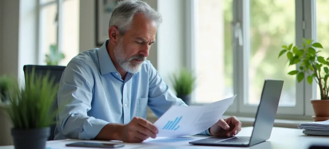 Consultant en gestion analysant des tableaux de prix gestion sur son bureau professionnel lumineux