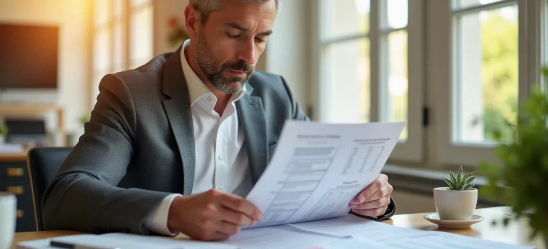 Consultant immobilier analysant les documents de prix de