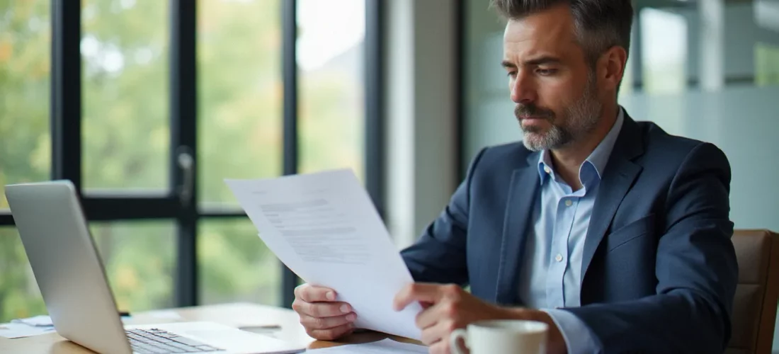 Consultant immobilier analysant un contrat de prix gestion locative Century 21 dans un bureau moderne et lumineux