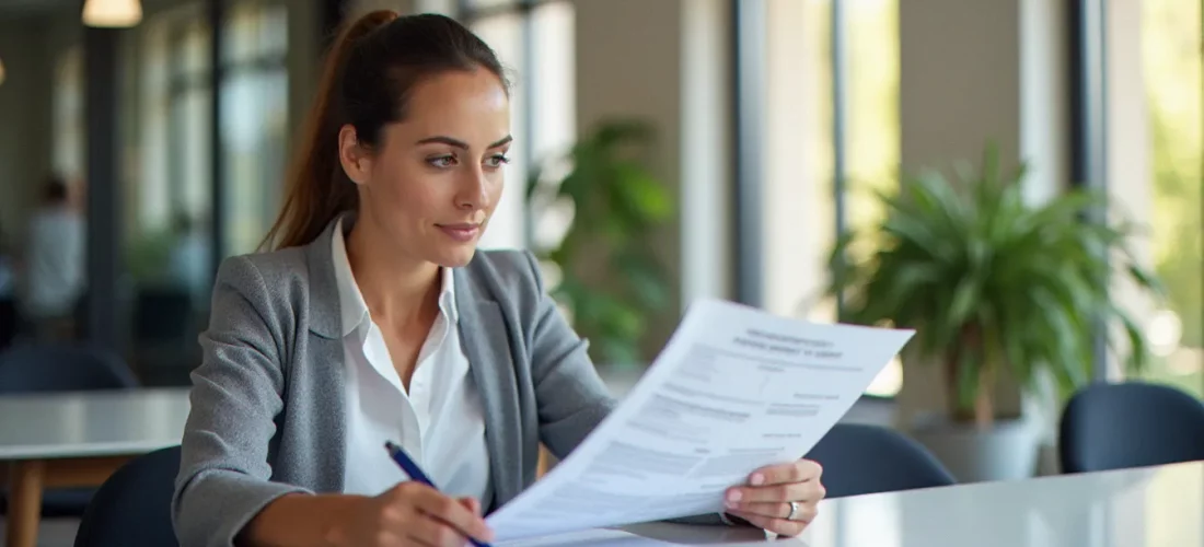 Gestionnaire locatif analysant un contrat de gestion incluant