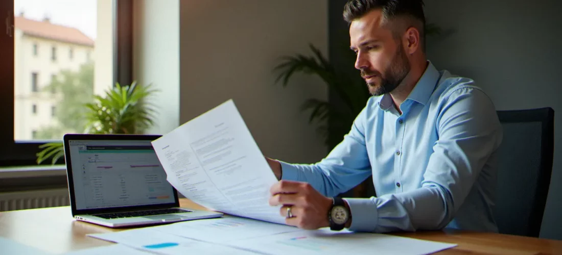 Consultant en gestion de projet analysant une recette gestion de projet sur un planning imprimé dans un bureau lumineux