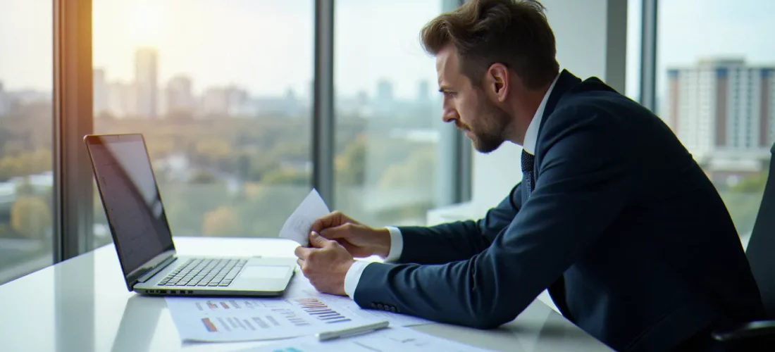 Consultant en gestion d'entreprise analysant des documents de